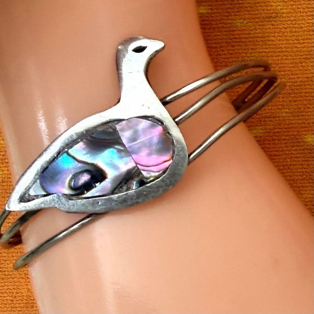 Vintage Silver Tone Mexico Bird Cuff Bracelet with Abalone Inlay
